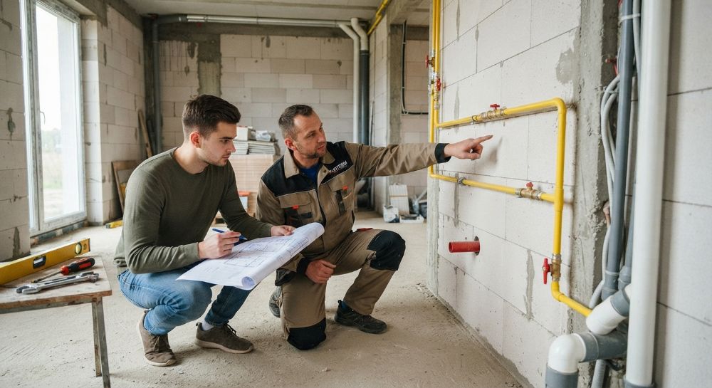 Instalator omawiający przebieg instalacji gazowej podczas budowy domu